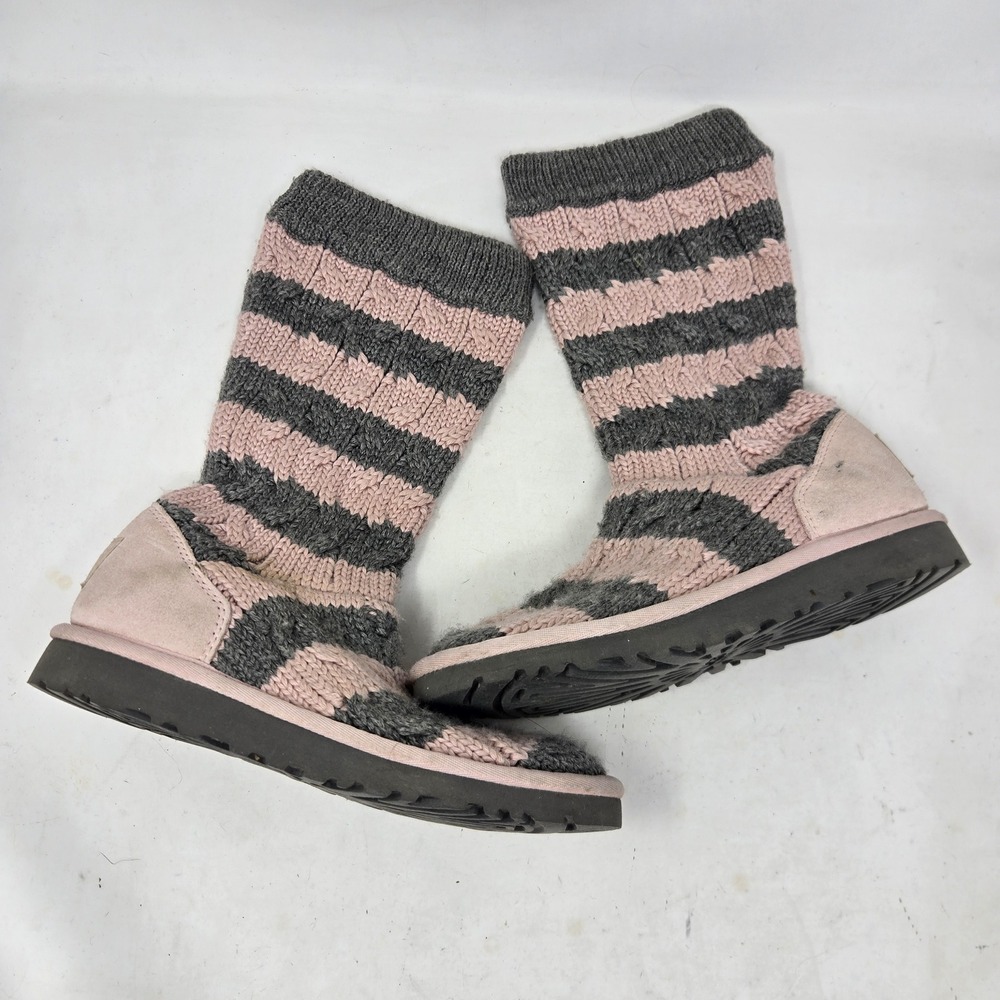 UGG Australia Classic Argyle Knit Pink Grey Striped Boots 5996 Kids Size 3